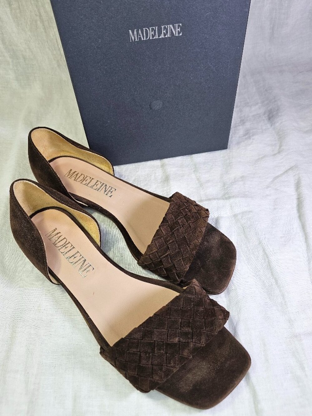 Madeleine Woven Suede D’Orsay Open Square Toe Flat Sandals EU39 US8.5 Chocolate